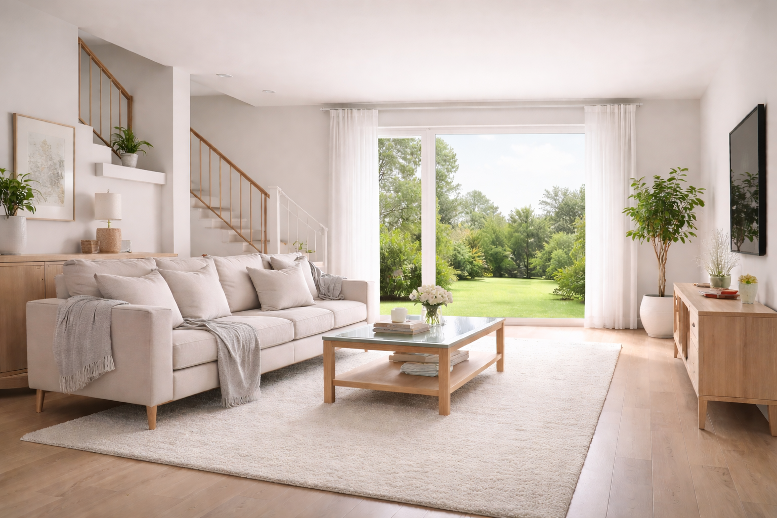 A bright, wide-angle view of a modern living room featuring a neutral beige sofa, a glass coffee table, and light wood flooring. The space is filled with natural light from large glass doors overlooking a green lawn, highlighting a dust-free and professionally maintained interior.